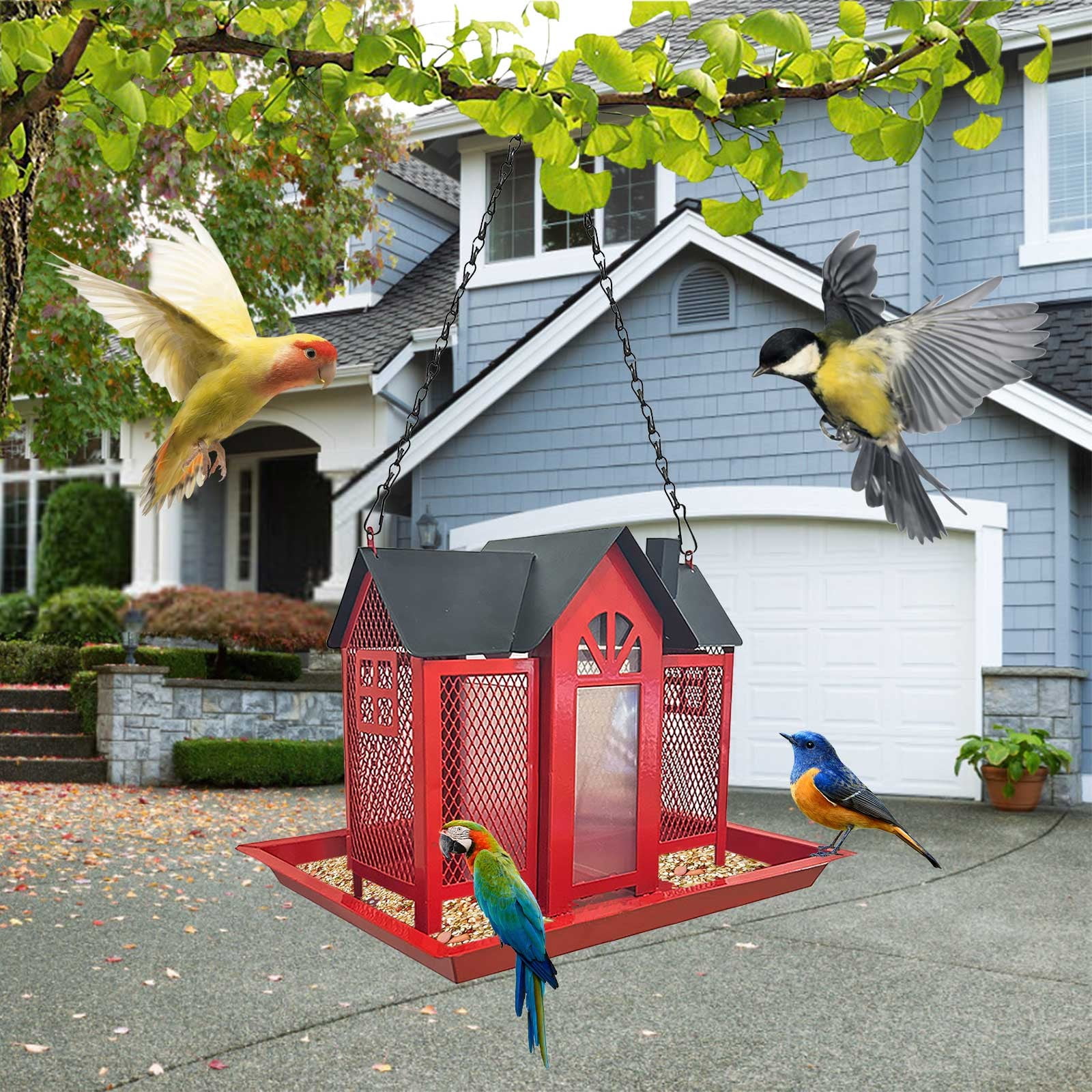 Hovilon Bird Feeders House for Outside Hanging,Metal Wild Bird Feeder for Outdoors Large Capacity Cardinal Birdfeeder Birdhouses Metal Bird Feeding Station Red