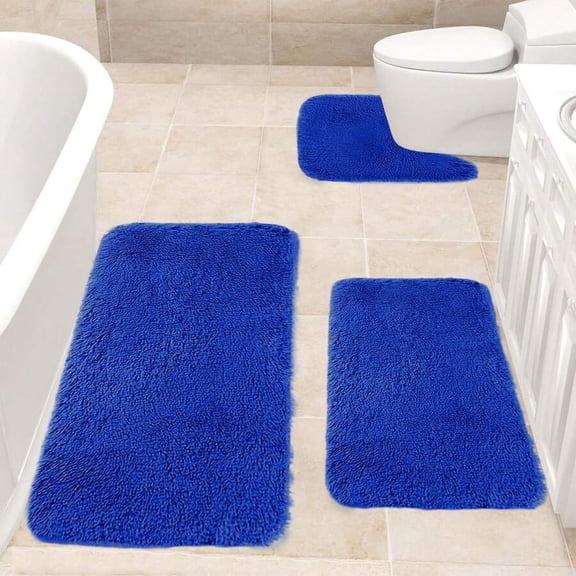 3Pcs Blue Solid Color Bathroom Rug Set Soft Fleece Bath Mats Non-Slip Water Absorbent Thick Foam Toilet Mats 40x38/40x60/40x80cm Machine Washable