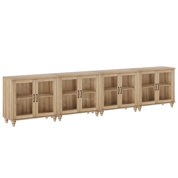 Buffet Cabinet with 8 Glass Doors, Kitchen Storage Cabinets with Adjustable Shelf, 135 inch, Oak