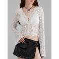 thumbnail image 4 of Raccmtaty Women's Spring Summer Short Tops White Long Sleeve V Neck Sheer Lace Floral Blouse, 4 of 8