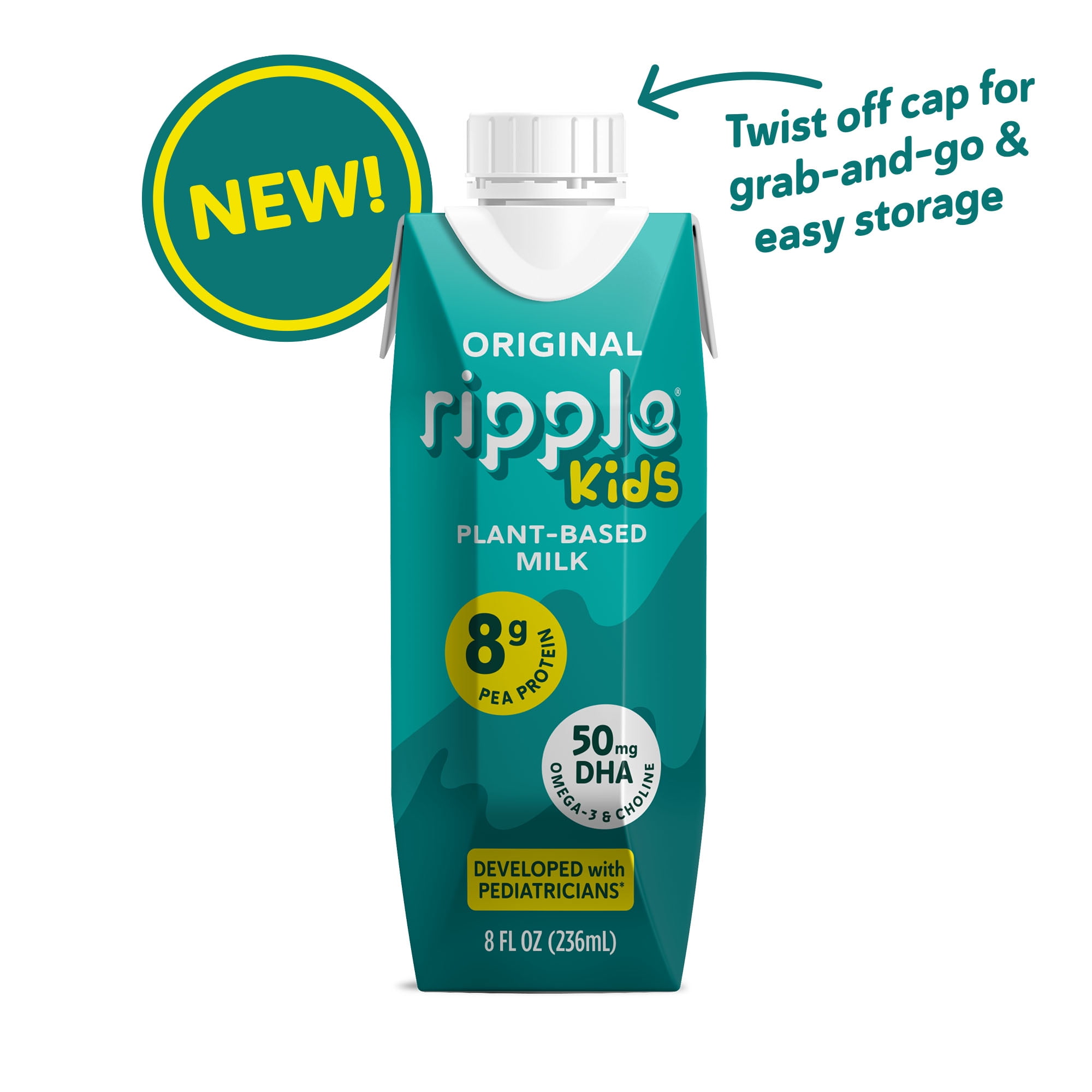 Ripple Kids Original Non-Dairy Milk 8g Pea Protein l Shelf-Stable l Singe Serve Cartons l Plant Based (8 Fl Oz (Pack of 12), Kids Original)