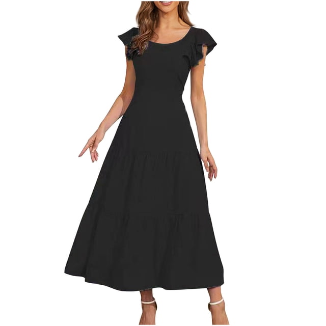 Hyknon Robes pour Femmes Mode Printemps/été Couleur Unie Manches Courtes Robe Confortable Décontractée Douce Fluide Ample