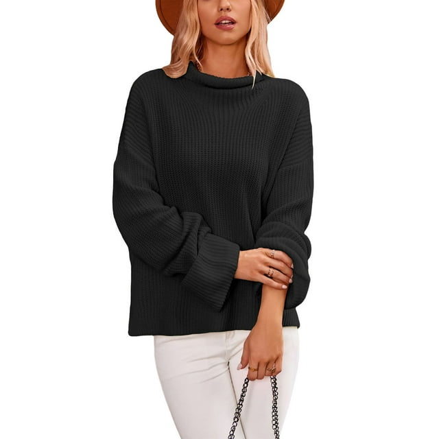FOCUSNORM Tricot Automne Hiver pour Femmes Manches Longues Col Haut Ourlet Fendu