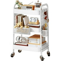 3 Tier Rolling Utility Cart - Metal White Cart Organizer with Wheels, Storage Cart with DIY Dual Pegboards, Removable Baskets Hooks