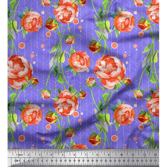Soimoi Poly Georgette Fabric Stripe,Leaves & Peony Floral Printed Fabric 1 Yard 42 Inch Wide