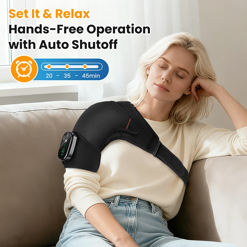 FlareMore Cordless Shoulder Heating Pad with Vibration, Heated Shoulder Wrap Brace, 3 Heat Levels, Rechargeable Shoulder Massager for Men Women