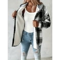 thumbnail image 5 of Plaid Pattern Long Sleeve Shacket Button Down Fleece Lined Hooded Jackets Warm Coat, 5 of 7