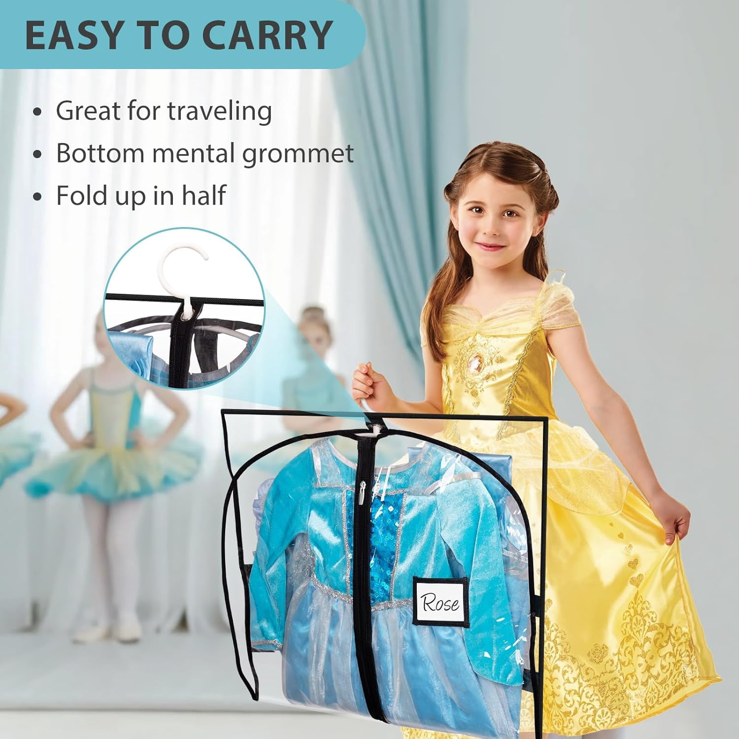 6 Packs Clear Dance Garment Bags for Dancers with 4 Pockets, 40" Kids Dance Costume Garment Bag for Travel and Dance Competition, Hanging Clothes Storage for Dress, Uniform, Black