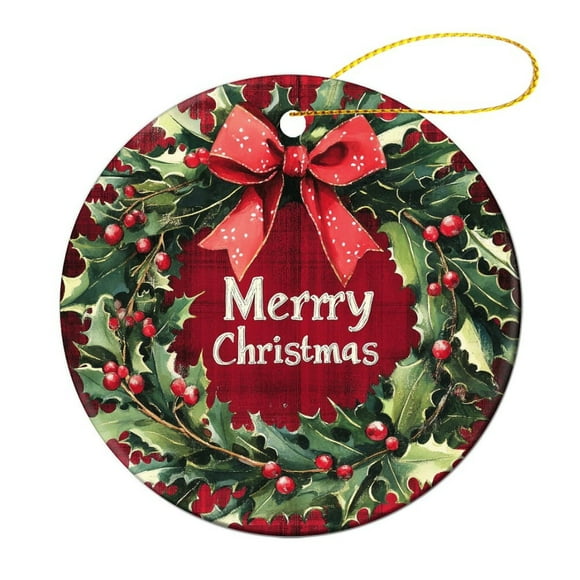Christmas Ornament Merry Christmas Hello Winter Holiday Christmas Tree Ornaments Vintage Christmas Wreath with Holly Berries And Bow Print Xmas Tree Decoration Ornament Xmas Present
