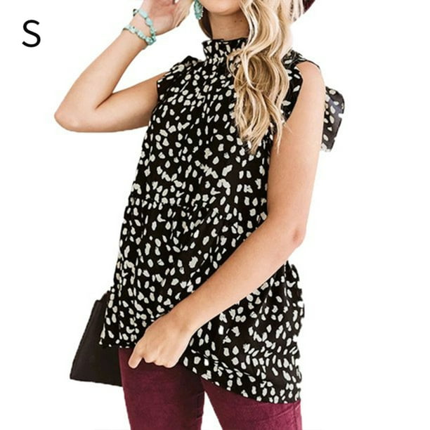 Camisa de mujer con cuello de muñeca, manga corta, top, estampado, camiseta casual, negro, S Eigraketly AP001622-01