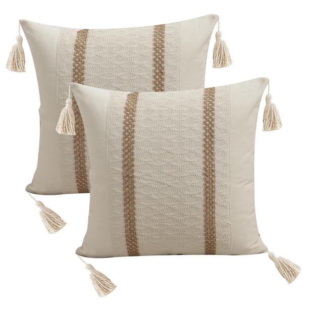 Funda de almohada decorativa, cojín con borlas, fundas de almohada tribales de estilo rústico para sofá, dormitorio, sala de estar, 18 x 18 pulgadas