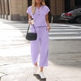 thumbnail image 7 of Women's 2026 Summer Two Piece Outfit Short Sleeve Henley Top & High Waist Wide Leg Pants Set Casual Vacation Tracksuit Lightweight Breathable Light Purple XL, 7 of 7