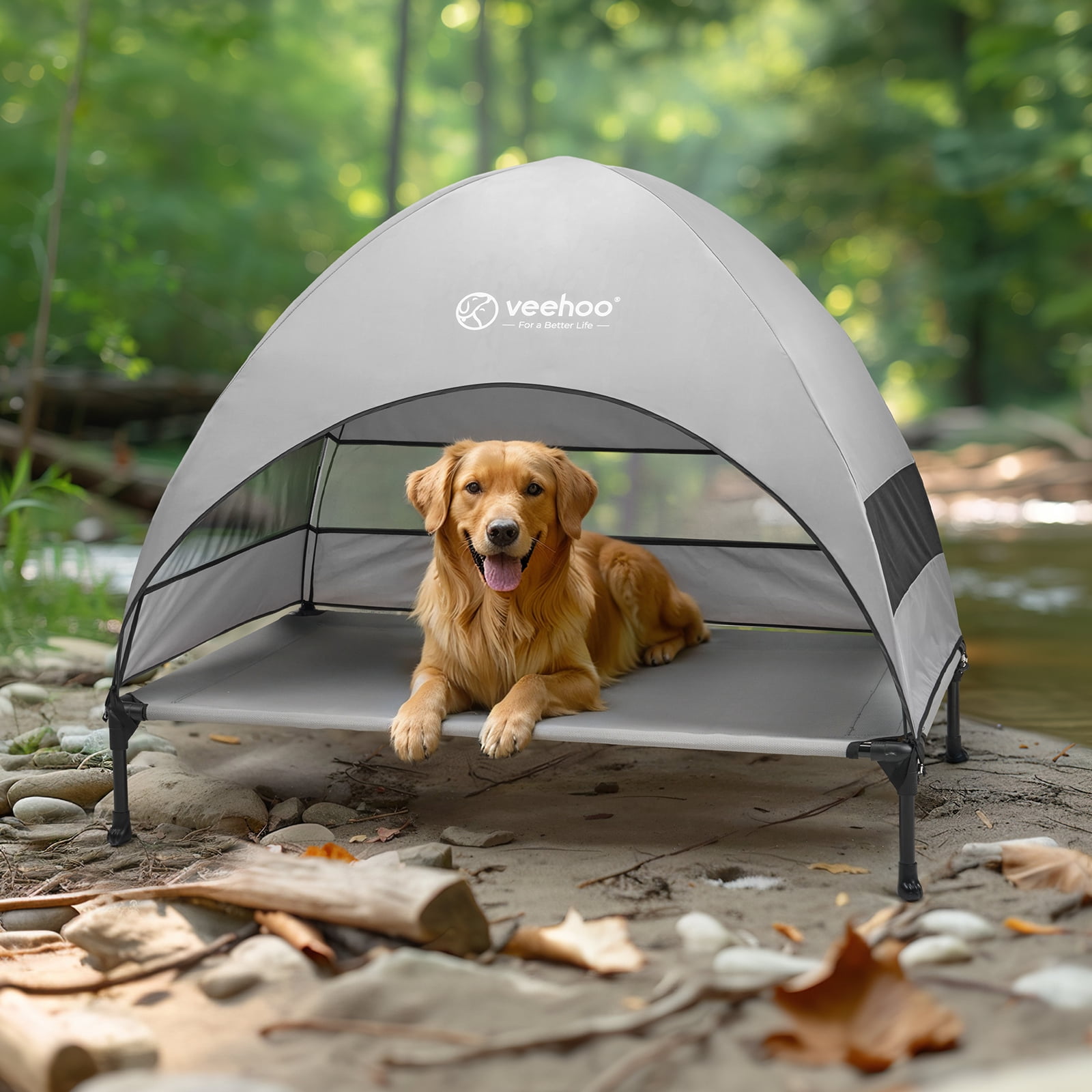 Veehoo Outdoor Dog Bed with Removable Canopy, Cooling Elevated Dog Cot Bed, Large, Grey