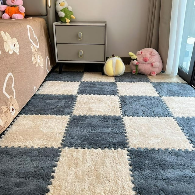 Milk Velvet Patchwork Rugs, Plush Puzzle Foam Floor Mat, Puzzle Floor Mat Tiles, Carpet Tiles with Padding, Anti-Slip Rug Puzzle Mats for Floor (Gray+Apricot,20pcs)