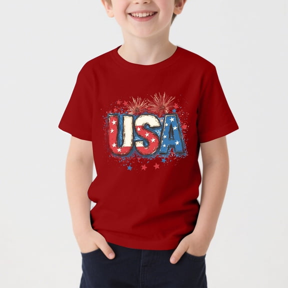 Kids USA Print Short Sleeve T-Shirt, Unisex Boys Girls Crew Neck Soft Red Top, Breathable Daily Wear for Toddler, 3-4T