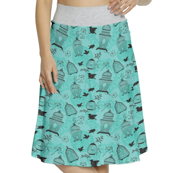 Women's Vintage Cages and Flying Birds A-line Printed Skirt Casual Wear, XL, Seafoam Charcoal Grey, by Ambesonne
