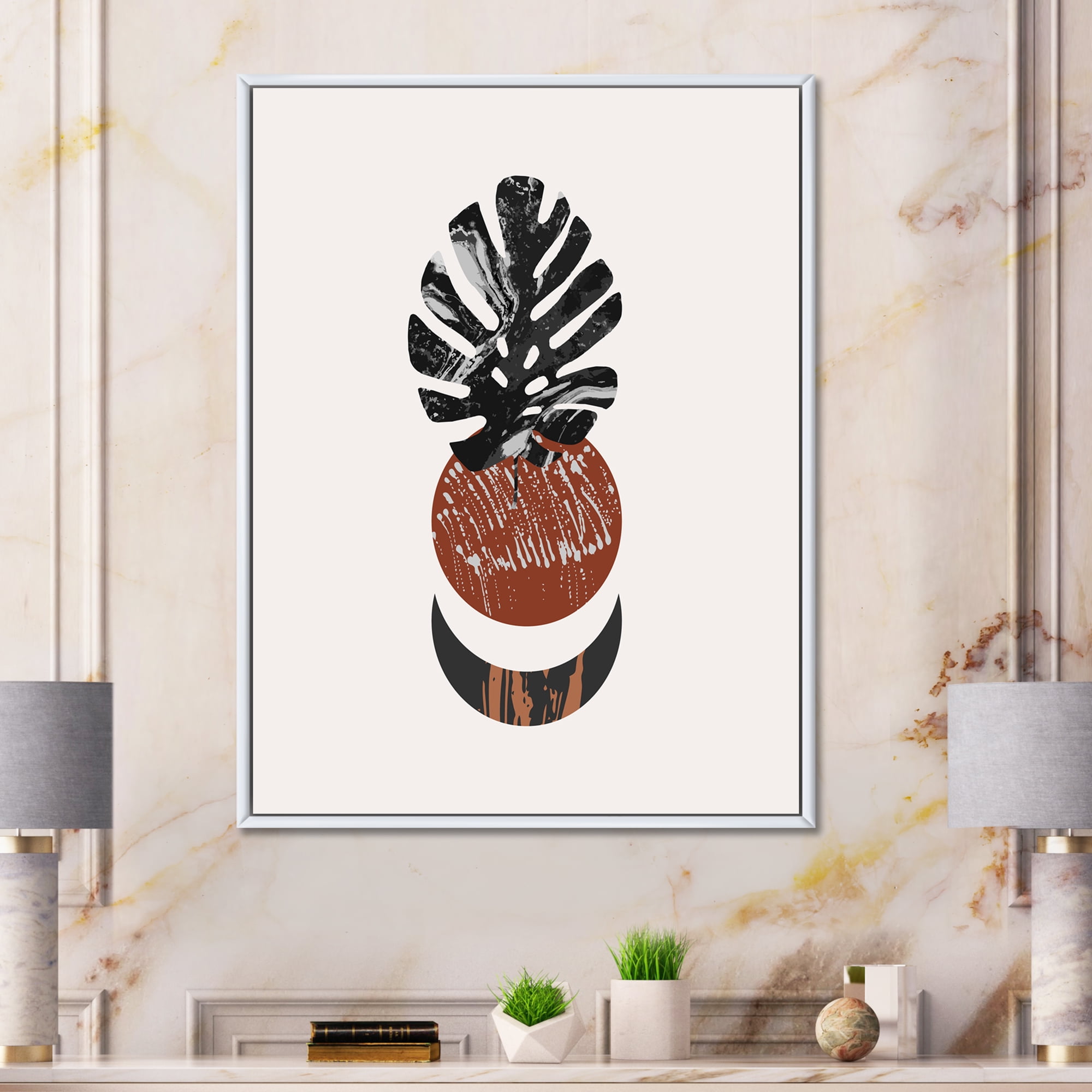 Designart 'Abstact Tropical Palm Leaf, Minimal Sun And Moon II' Modern Framed Canvas Wall Art Print