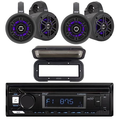 Pyle PLMRB29B2 Single DIN Marine USB Bluetooth AM/FM MP3 Stereo Receiver w/Radio Shield Cover 4x 4 300 Watt Max Power Bluetooth RGB LED Black Boat Tower Speakers