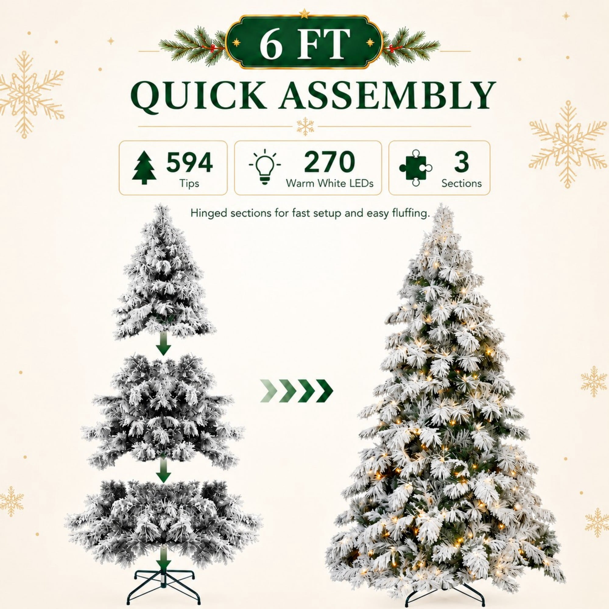 DEALTOPS 6 FT Pre-Lit Flocked Artificial Christmas Tree with 270 Warm White LED Lights, 594 Tips & Metal Stand