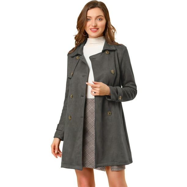 Chaqueta de Gabardina de Gamuza Sintética Allegra K Doble Botonadura y Solapa con Cinturón Gris oscuro XL