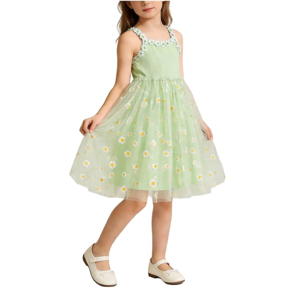 Odeerbi 1-10 Years Toddler Kids Girls Summer Daisy Embroidered Slip Dress Spaghetti Strap Tulle A-Line Princess Dress for Party Birthday