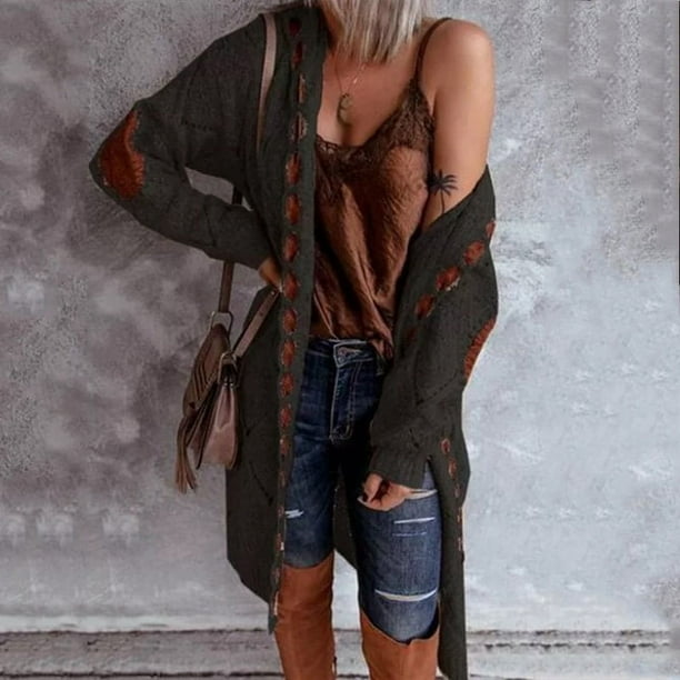 Abrigo de terciopelo con parches para otoño e invierno, suéter largo con capucha de punto a juego con colores, cárdigan para mujer