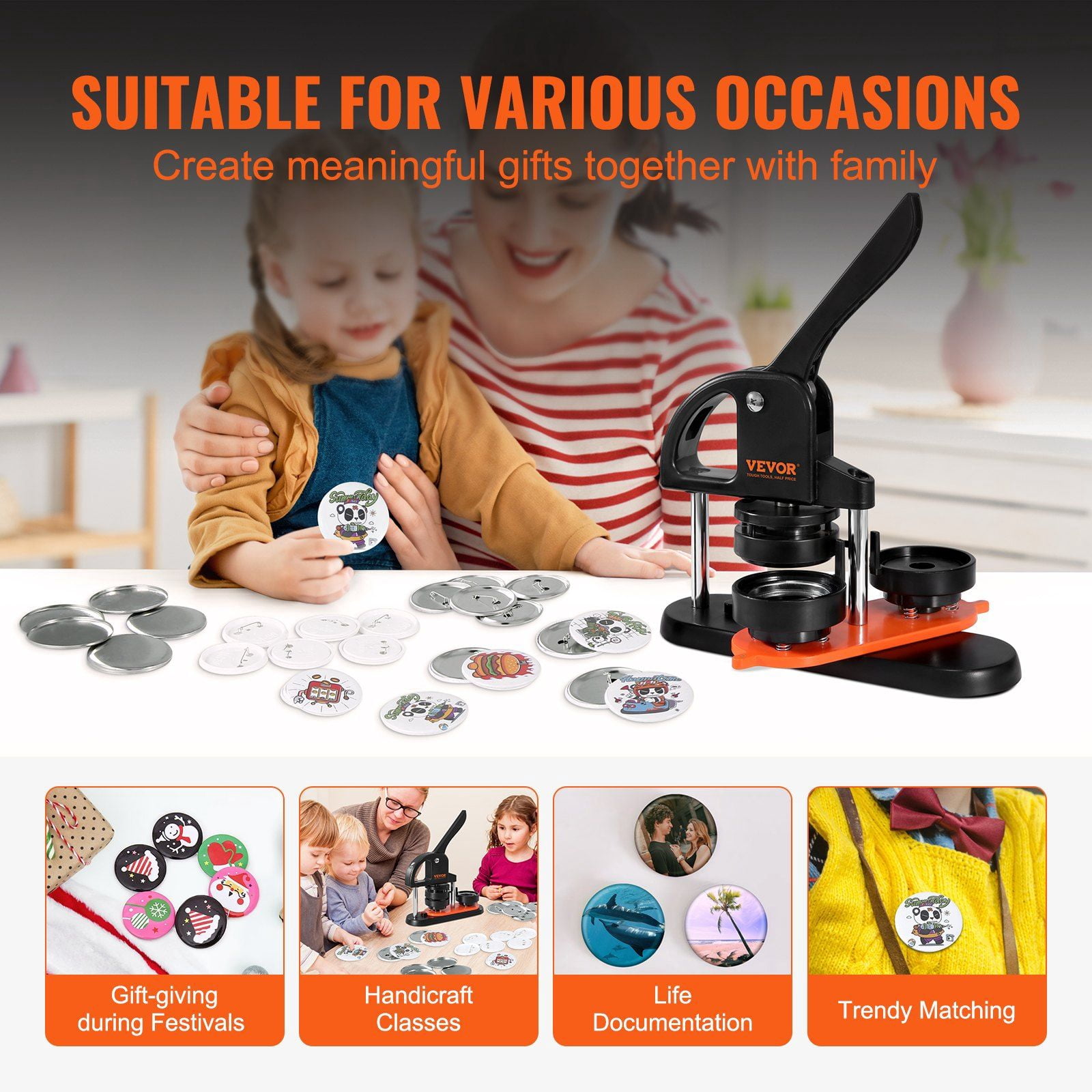 2.28 Inch 58mm Button Maker Machine with 100pcs Parts Ergonomic Arc Handle Punch Press Kit Panda Magic Book DIY Gifts for Kids Christmas