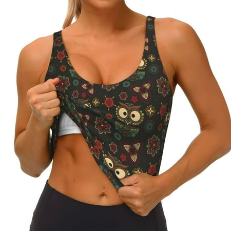 Qokaie Boho Owl Pattern Womens Scoop Neck Sports Bra Breathable Workout Vest Padded U Back Medium Impact Fitness Gym Yoga Bra Workout Crop Top