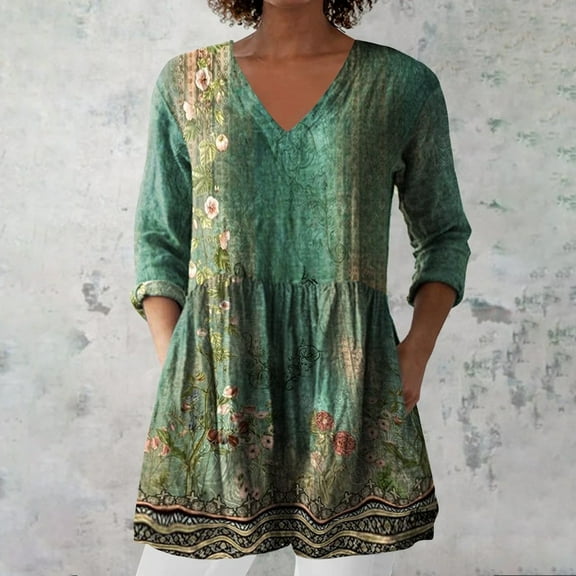 Green Women Shirts, 2025 New Women'S Summer Printed Group Shirt Women'S Linen V Neck Casual Shirt,Women Shirts S