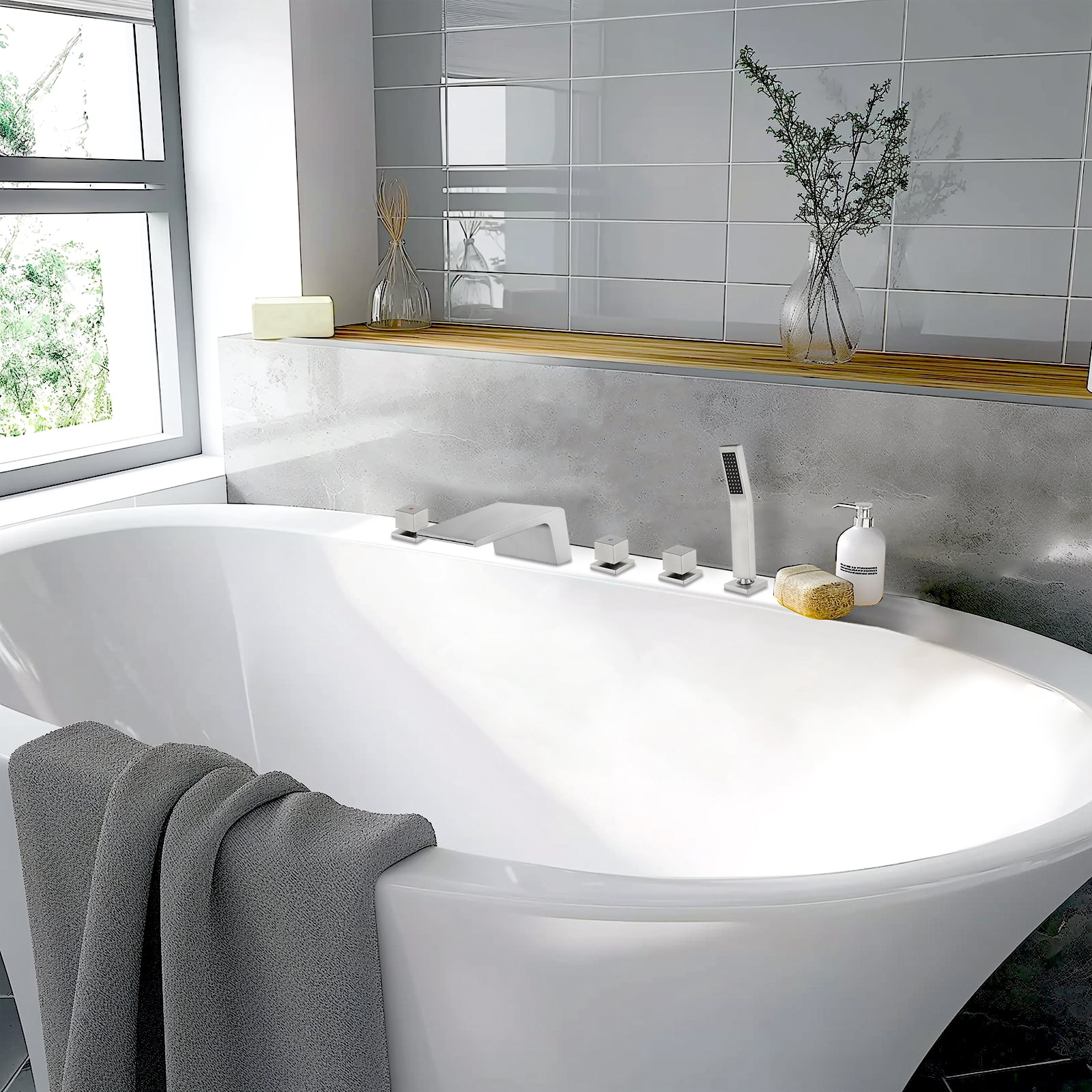 Cobbe 5-Hole Mount Bathroom Bathtub Fauce with 2 Switches, 1 Diverter Knob, 7.09-Inch Wide Tub Spout and Hand Shower Brushed Nickel