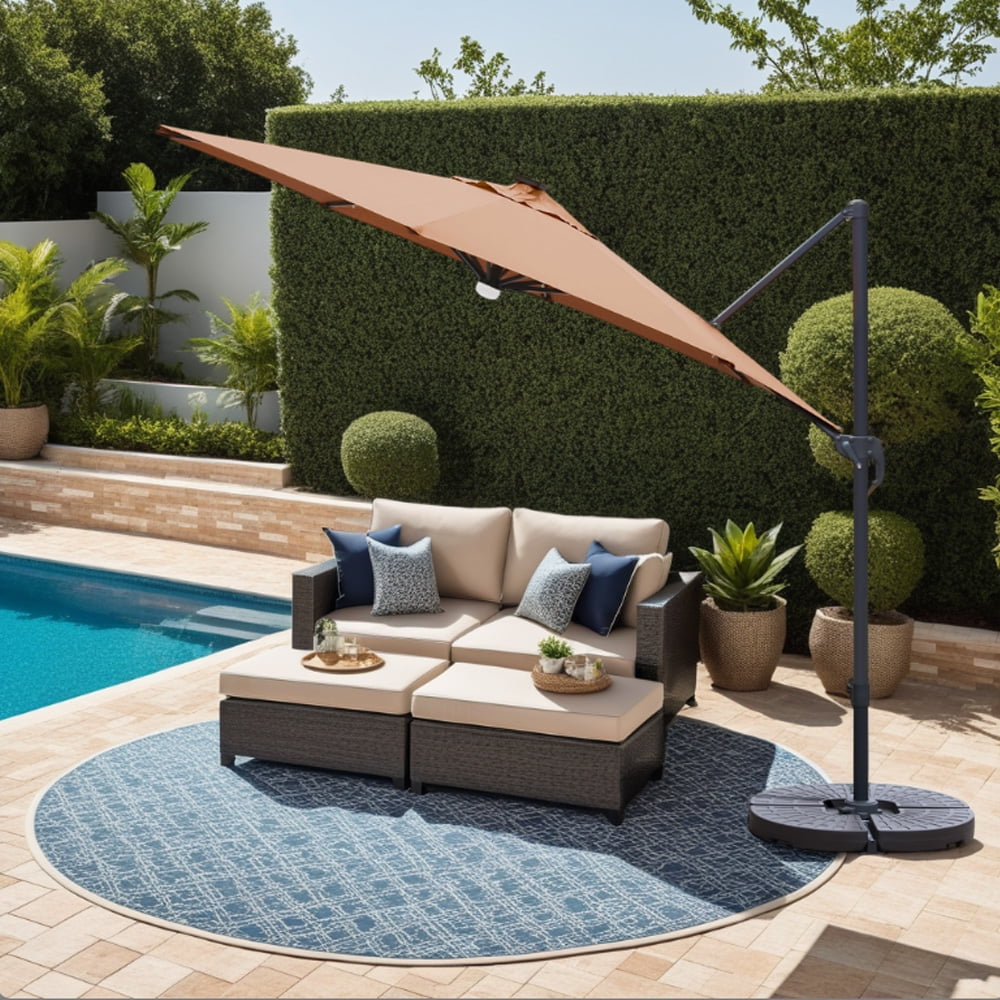 Premium 10 Feet Cantilever Patio Umbrella with Solar Powered LED Lights, Cranberry Red