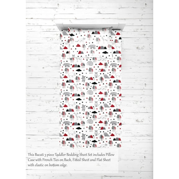 Toddler Bedding/Sheet Set 100% Cotton Percale, Lumberjack Red/Black/Grey