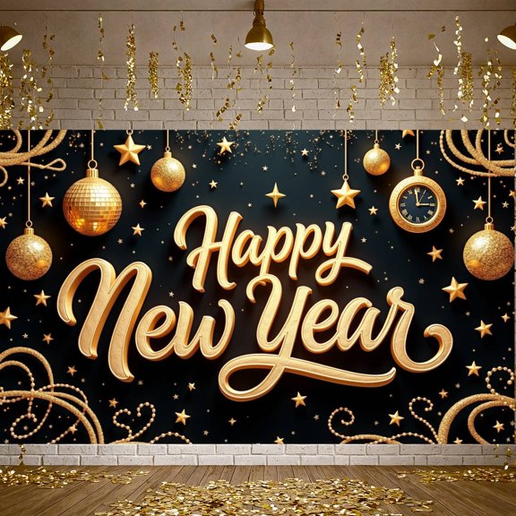 Golden Theme Happy New Year Banner Star Decor Festive Backdrop Glitter Ball Ornament Clock Design Holiday Background for New Year Party Holiday Celebration Indoor Decoration
