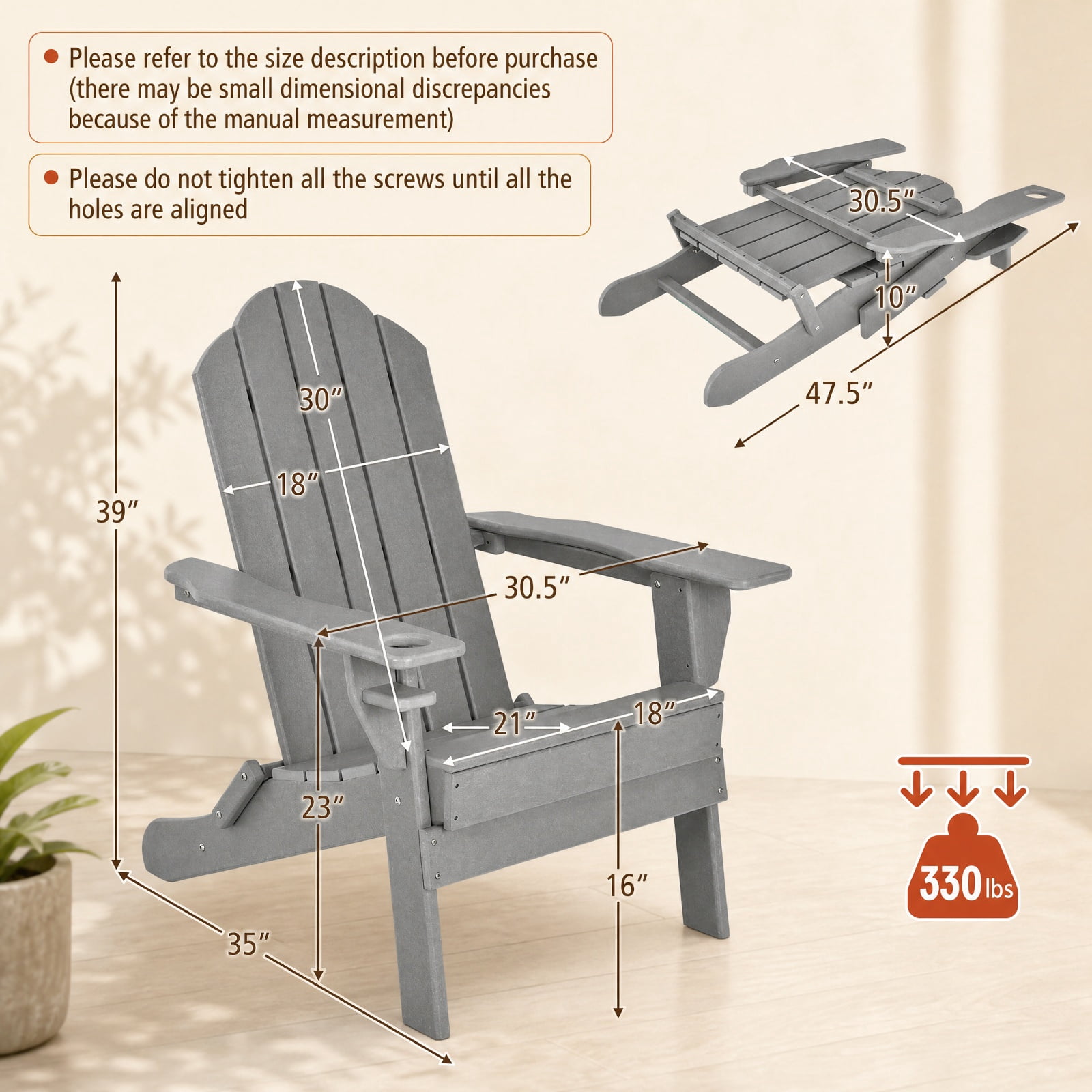 Furnibear Foldable Weather Resistant Adirondack Chair with Built-In Cup Holder Wide Armrests and Ergonomic Seat for Patio Deck and Garden, Gray