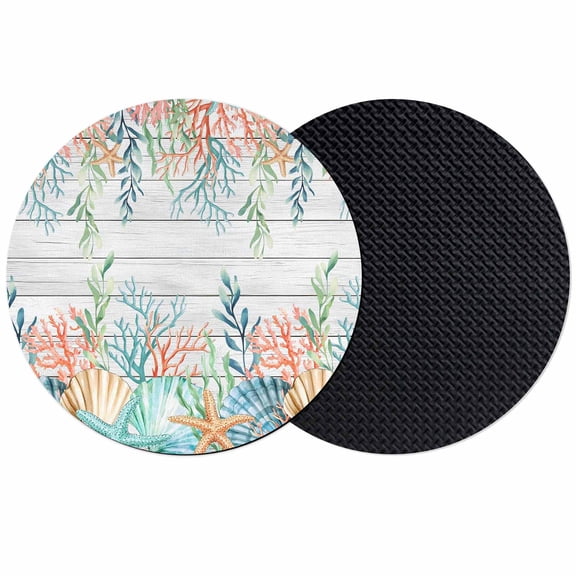 Summer Coastal Coasters Set of 2, Absorbent Coasters for Drinks, Nautical Sea Coral Shell Starfish Wood Gray Coaster for Desk Coffee Table Protection, Home Decor House Warming Gifts 4"