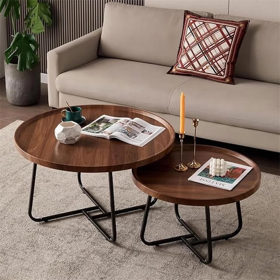 Nesting Coffee Table Set of 2, 20" 28" Round Coffee Table End Table Side Tables with Fluted Design, Center Table for Living Room Bedroom Balcony Yard