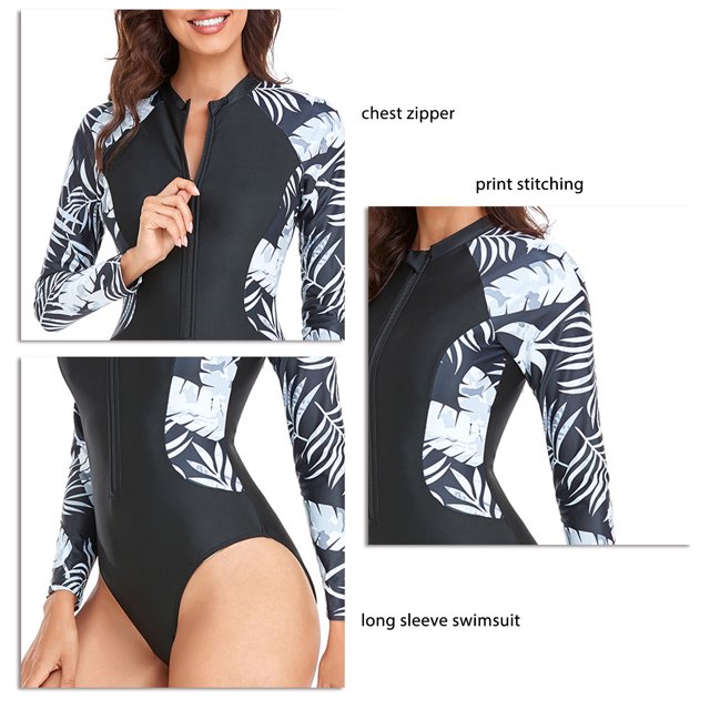 Traje de Baño de Manga Larga de Una Pieza Octpeak Con Costuras Estampadas y Cremallera En el Pecho XXL