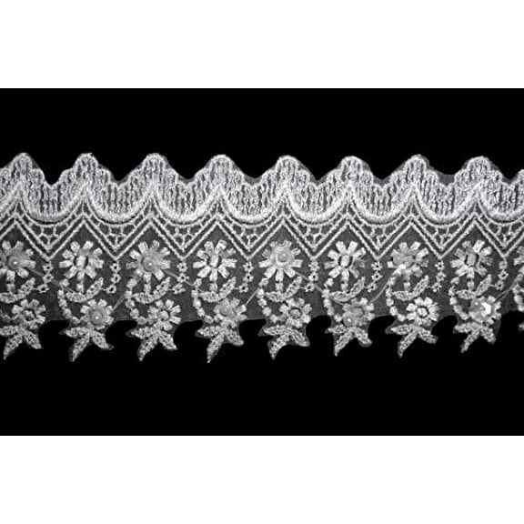 Altotux 3" White Sheer Organza Bridal Beaded Floral Embroidery Lace by Yard