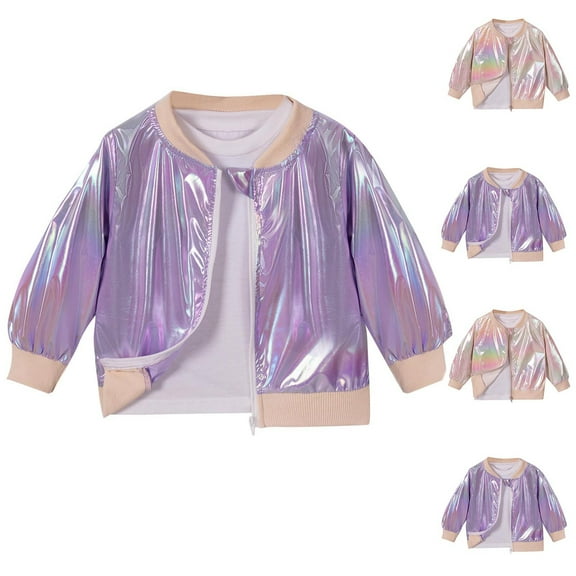 Mwjwdo Girls Shiny Jacket Glitter Long Sleeves Gradient Ombre Bomber Coat with Ribbed Cuffs for 0-5 Years Kids Purple 1 Years
