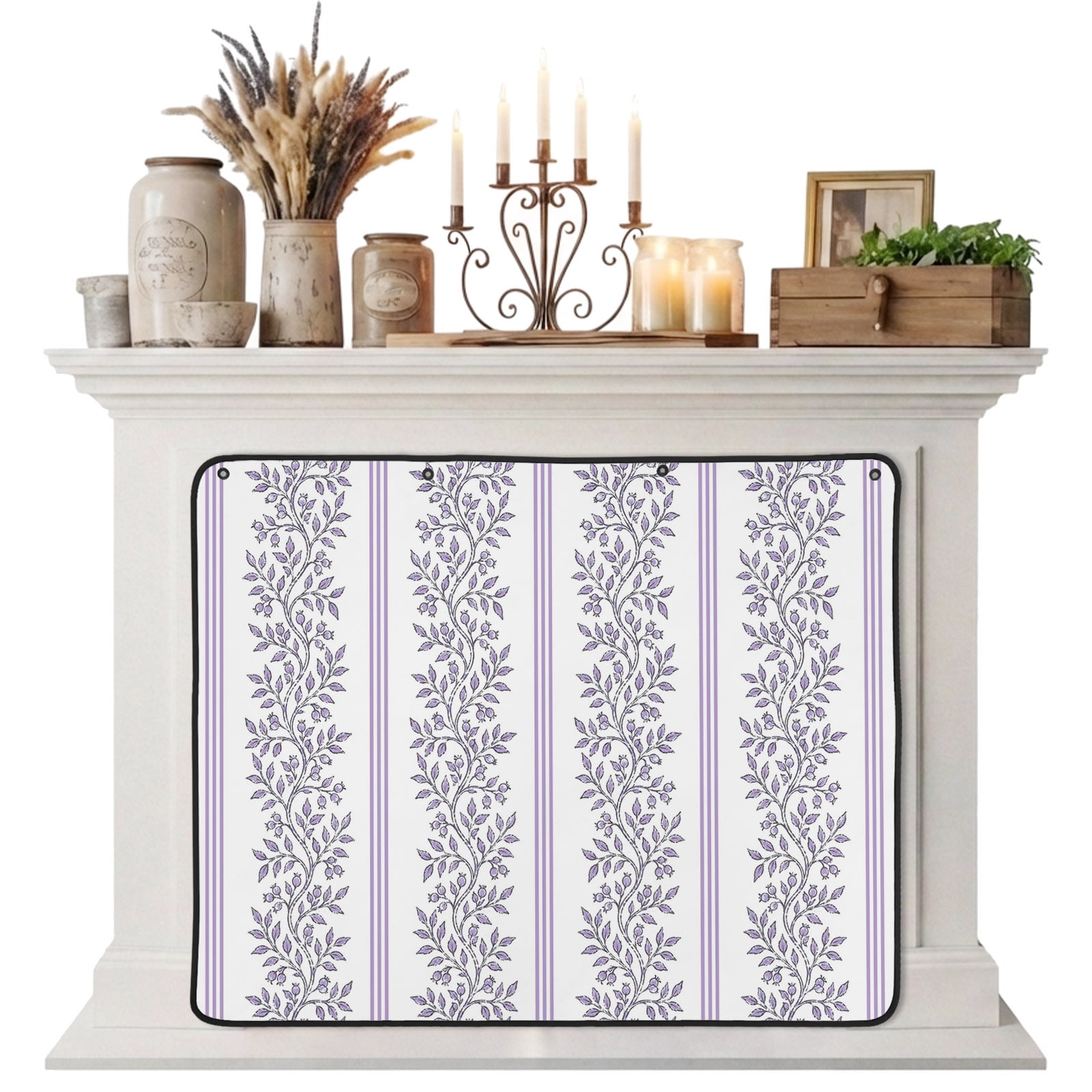 Magnetic Fireplace Cover Lavender Leafy Vines Fireplace Screen Vertical Stripes Lines Insulation Fireplace Blocker Blanket Save Energy Fireplace Draft Stopper Covers for Living Room 45x34