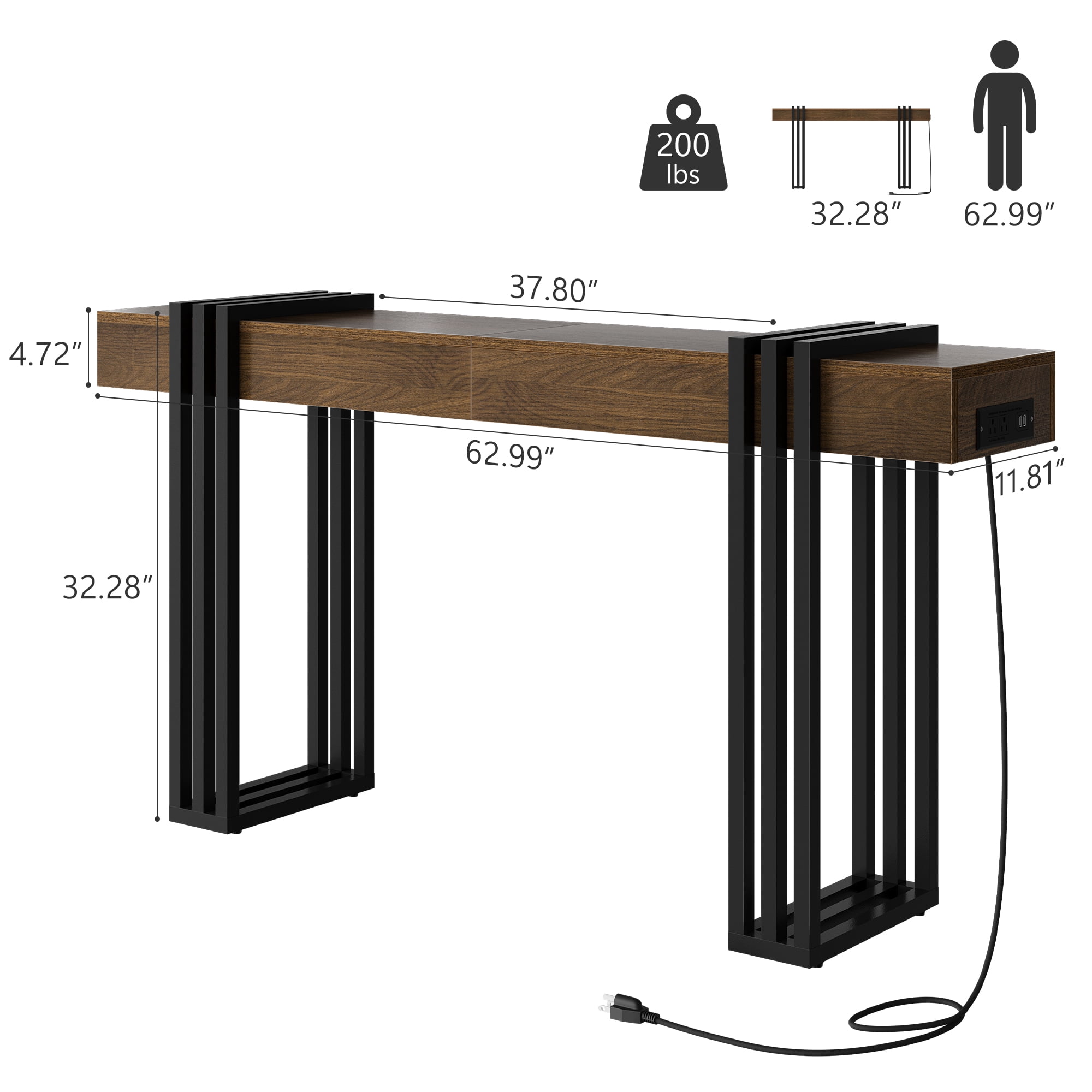 63" Long Console Table, Wood Entryway Table with Black Parallel Metal Frame & Outlet, Sofa Table Behind Couch for Hallway Living Room Foyer, Walnut