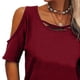 thumbnail image 3 of Camiseta de manga corta de color puro para mujer, blusa de manga corta holgada y transpirable con hombros descubiertos, color rojo vino L, 3 of 6