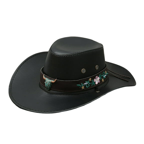 Western Women Cowgirl Hat Floral Embroidered Bull Head Rivets Wide Brim Cowgirl Hats for Rave Party