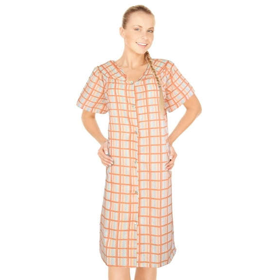 JEFFRICO House Dresses for Women with Pockets - Lightweight Breathable Short Sleeve Muumuu & Nightgowns - Snap Front Housecoat and Dusters for Women