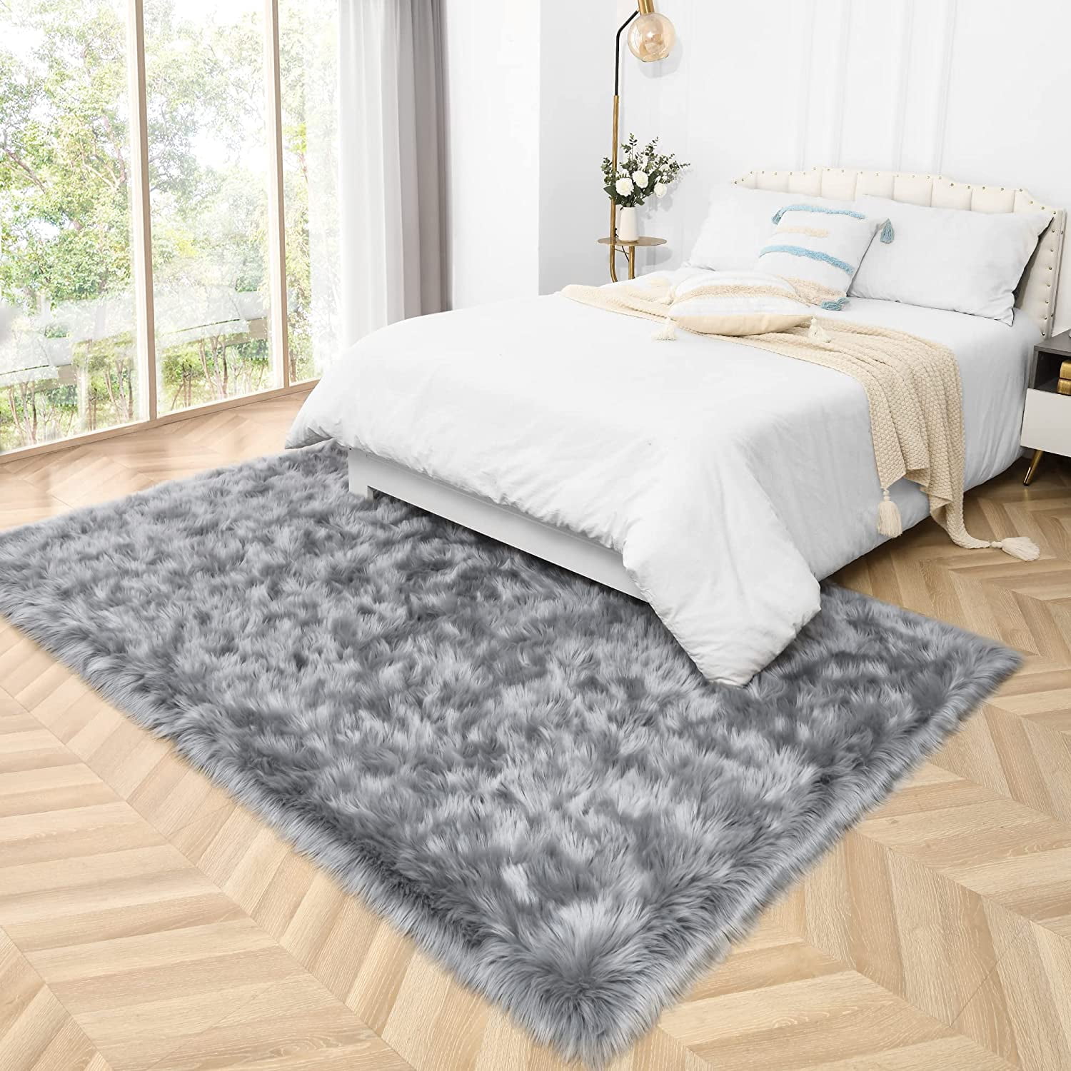 Lochas Soft Fluffy Rugs Faux Sheepskin Area Rug for Bedroom Living Room Bedside Carpet Nursery Washable Floor Mat,4'x6',Gray