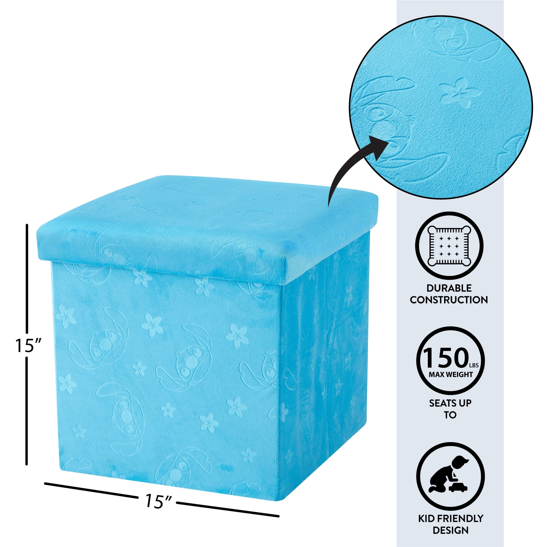 Disney Stitch Kids' Embossed Storage Ottoman, Blue, 15" x 15" x 15"