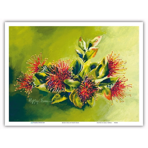 Koke'e Ohia - Native Hawaiian Ohia Lehua Tree Blossom - From an Original Hawaii Watercolor Painting by Peggy Chun - Master Art Print (Unframed) 9in x 12in