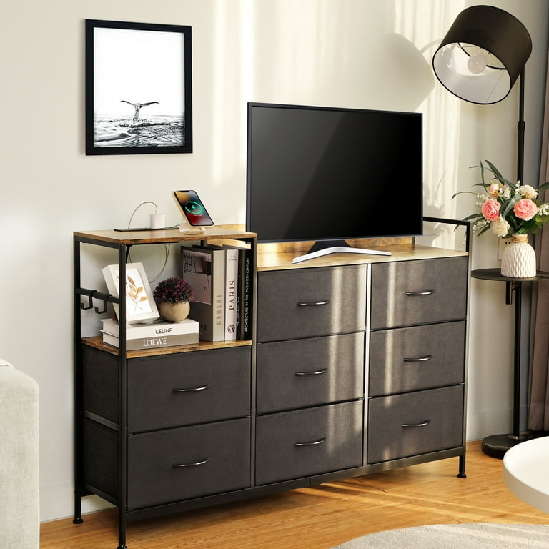 52 Long Vintage Black Dresser TV Stand with Charging Station. 8 Drawers and Wooden Tabletop. Ideal for Bedroom Living Room Hallway. Entertainment