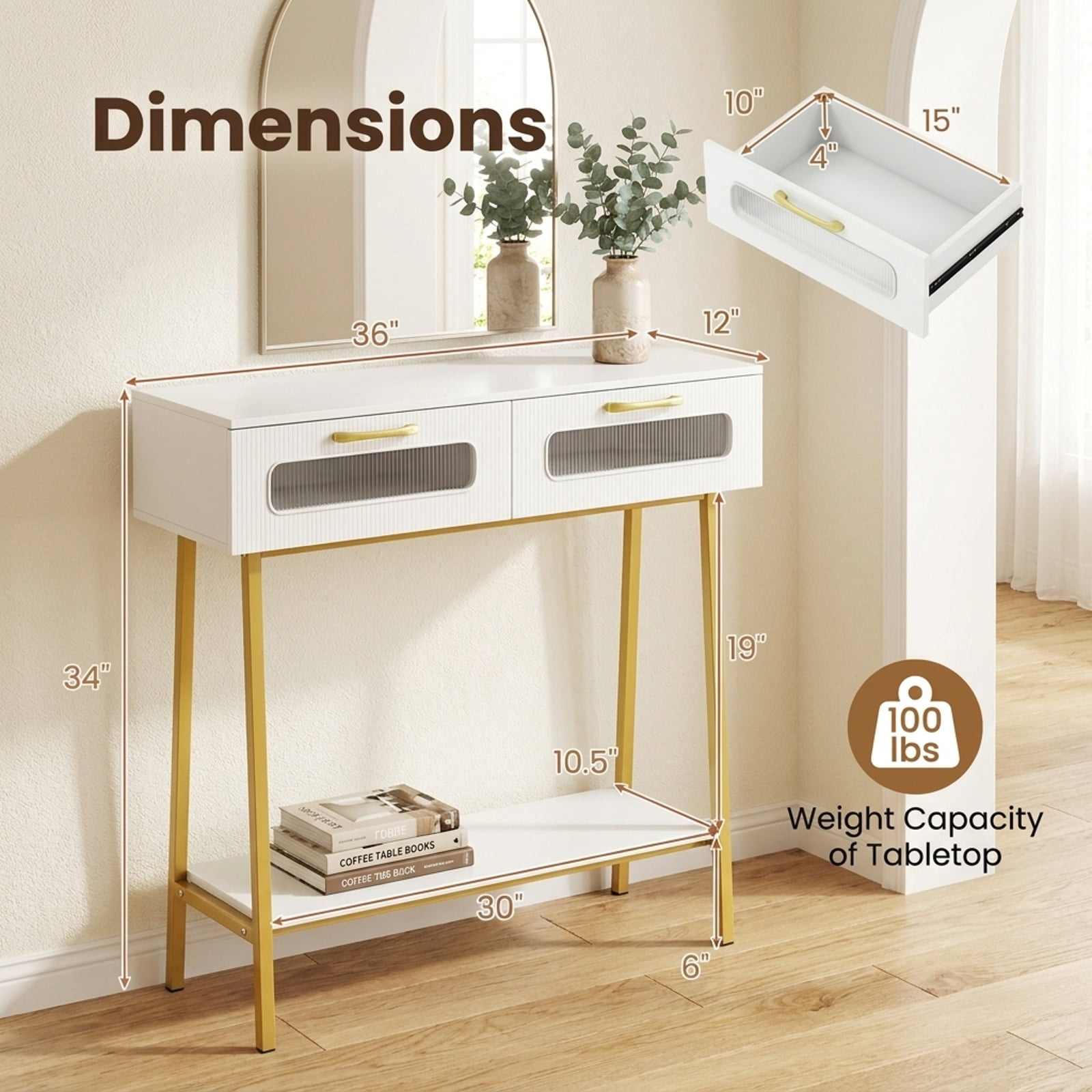Furnibear Console Table with LED Lights and Open Shelf Entryway Table with 2 Drawers for Living Room Hallway Entrance Sofa, White