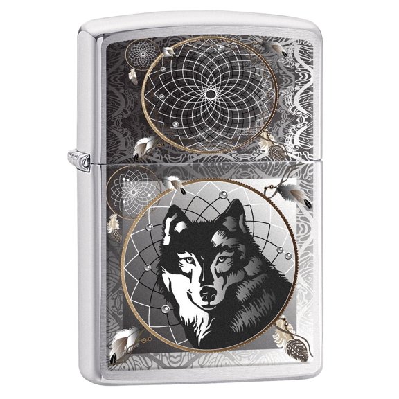 Zippo Lighter: Wolf Dreamcatcher - Brushed Chrome